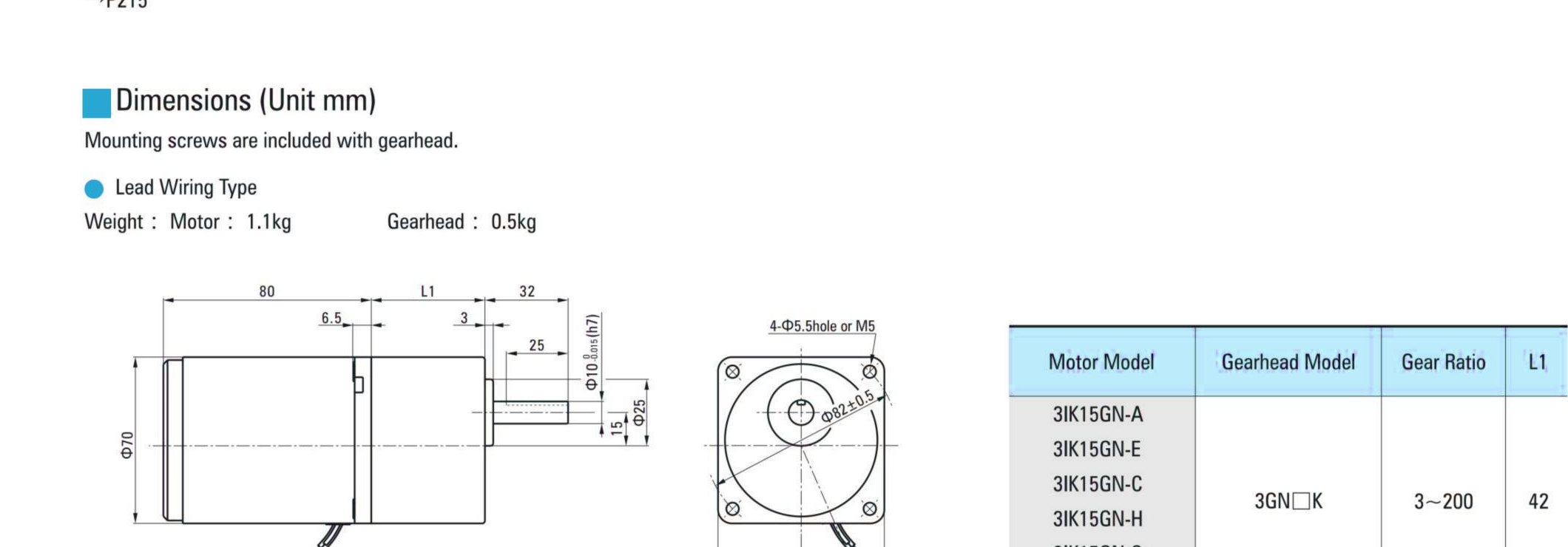 3IK15GN parallel-shaft gearmotor dimensional drawing with side view, face view, and spec table