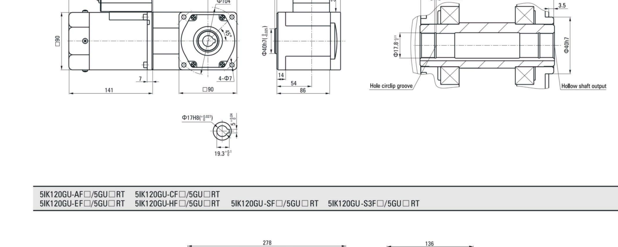 5K120GU spiral-bevel right-angle gearmotor multi-view dimensional drawing with hollow-shaft output detail
